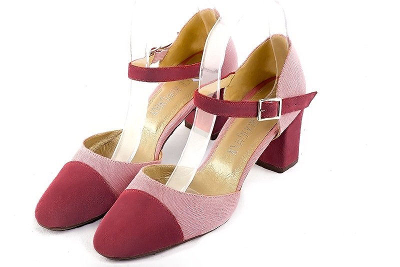 Raspberry red and dusty rose pink women's open side shoes, with an instep strap. Round toe. Medium block heels. Front view - Florence KOOIJMAN